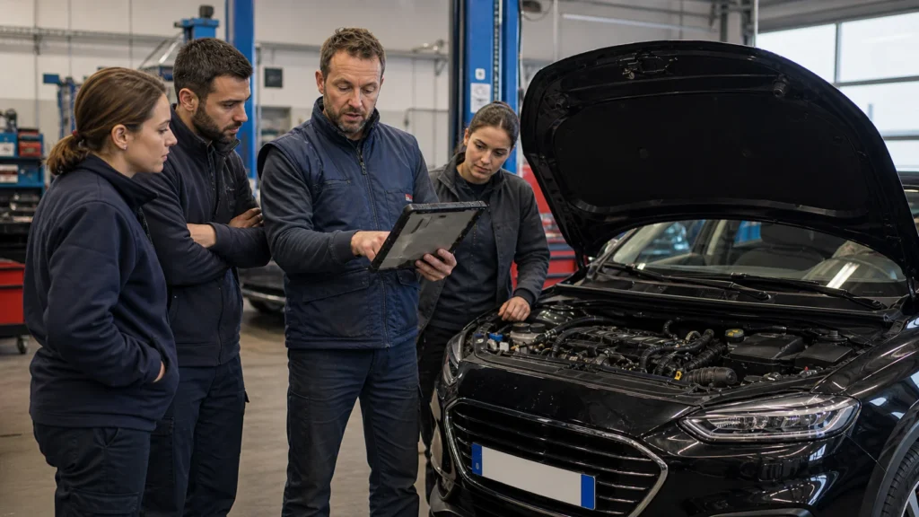 Chauffeur indépendant échangeant avec un mécanicien sur un diagnostic automobile