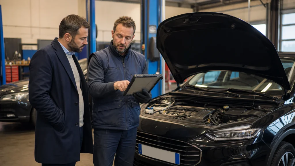 Chauffeur indépendant échangeant avec un mécanicien sur un diagnostic automobile
