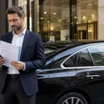 Chauffeur VTC devant son véhicule avec attestation d’assurance RC circulation dans les mains