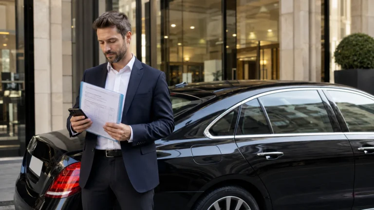 Chauffeur VTC devant son véhicule avec attestation d’assurance RC circulation dans les mains