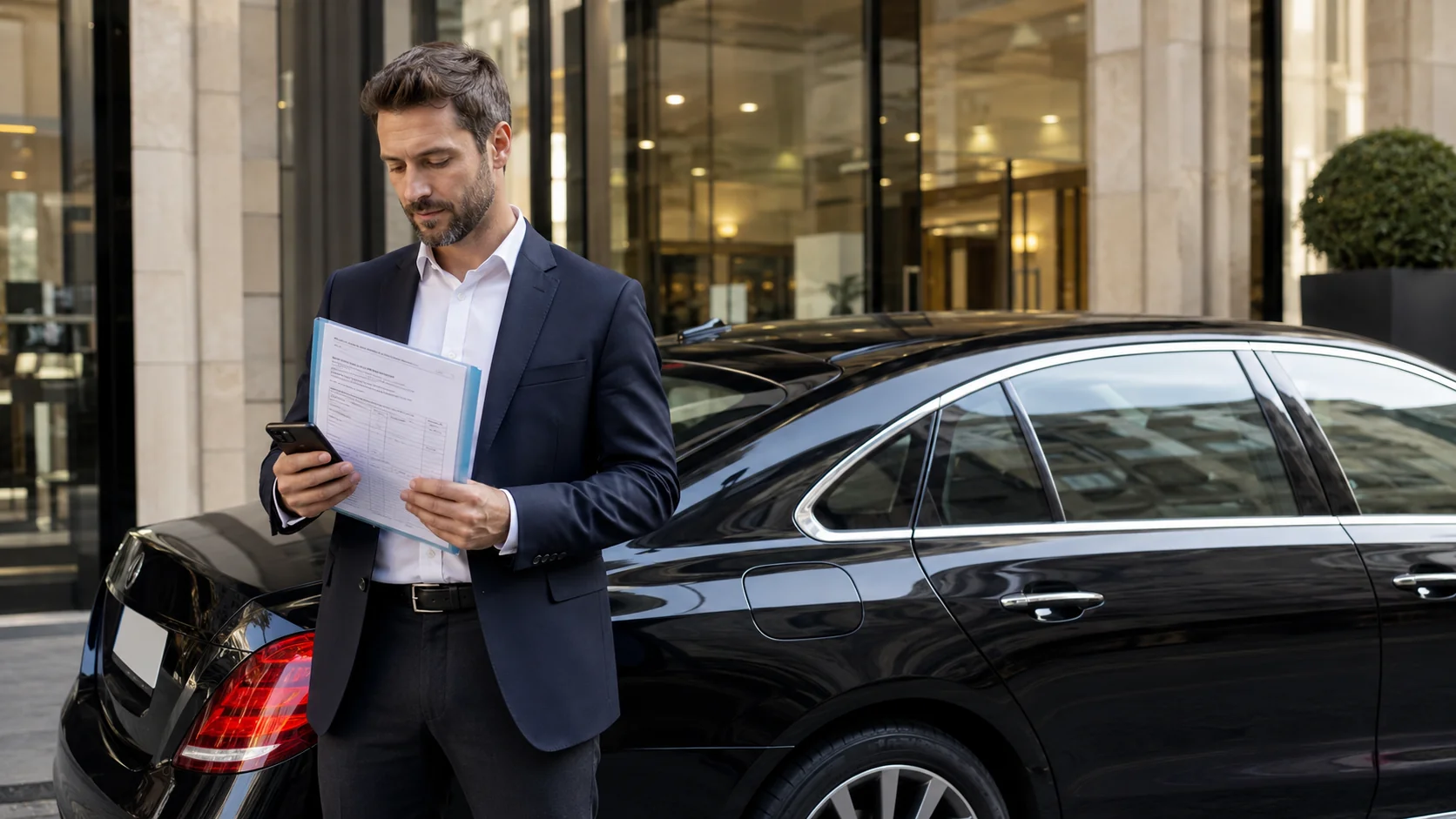 Chauffeur VTC devant son véhicule avec attestation d’assurance RC circulation dans les mains