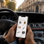 Chauffeur VTC qui consulte le site Oscaro sur son téléphone depuis l'habitacle de sa Mercedes Classe E garée dans Paris