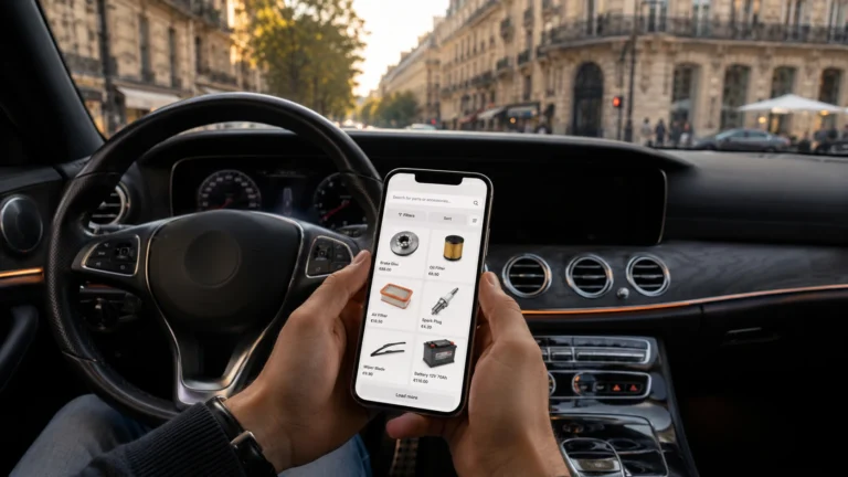 Chauffeur VTC qui consulte le site Oscaro sur son téléphone depuis l'habitacle de sa Mercedes Classe E garée dans Paris
