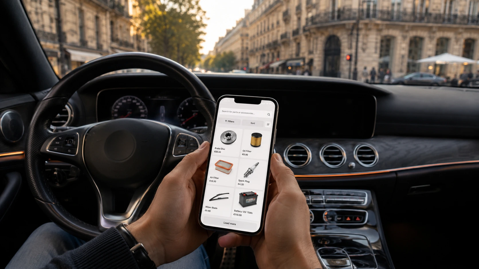 Chauffeur VTC qui consulte le site Oscaro sur son téléphone depuis l'habitacle de sa Mercedes Classe E garée dans Paris