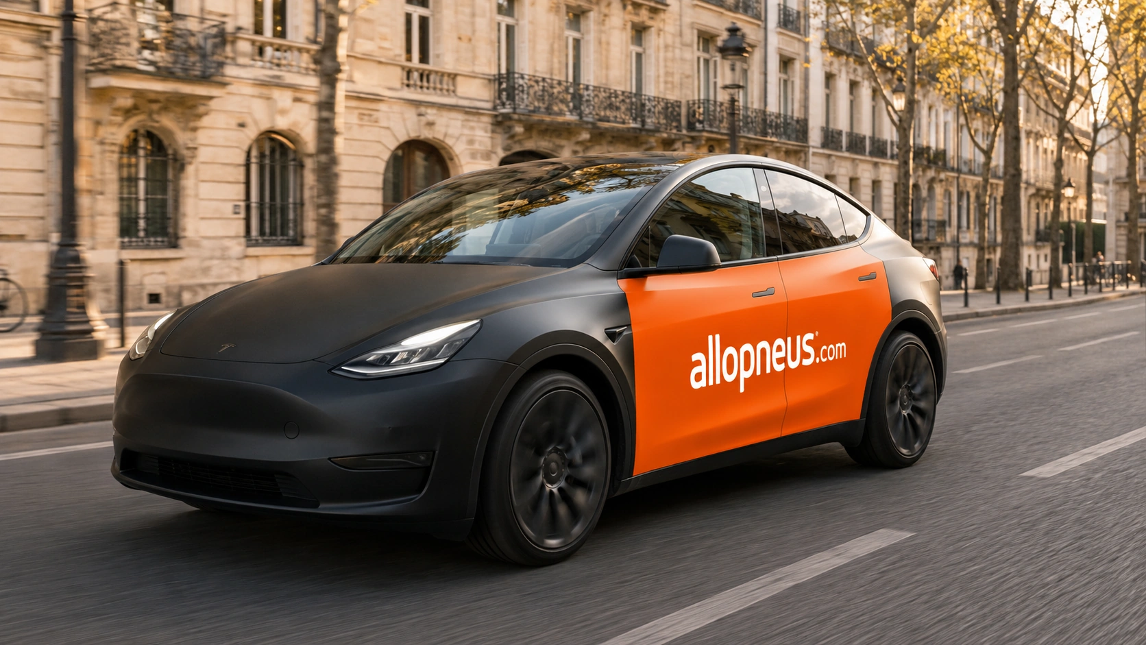 Une Tesla Model Y qui fait de la publicité sur voiture rémunéré pour la marque AlloPneu.com