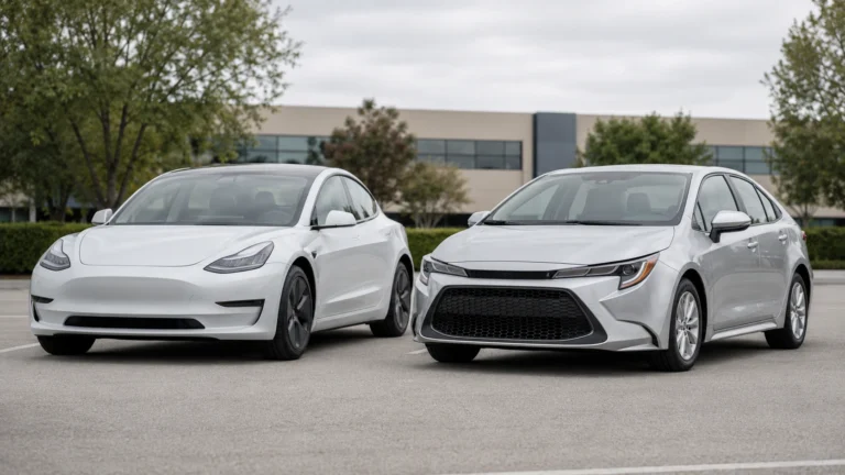 Tesla Model 3 électrique et Toyota Corolla hybride garées côte à côte, deux choix populaires pour l'activité VTC