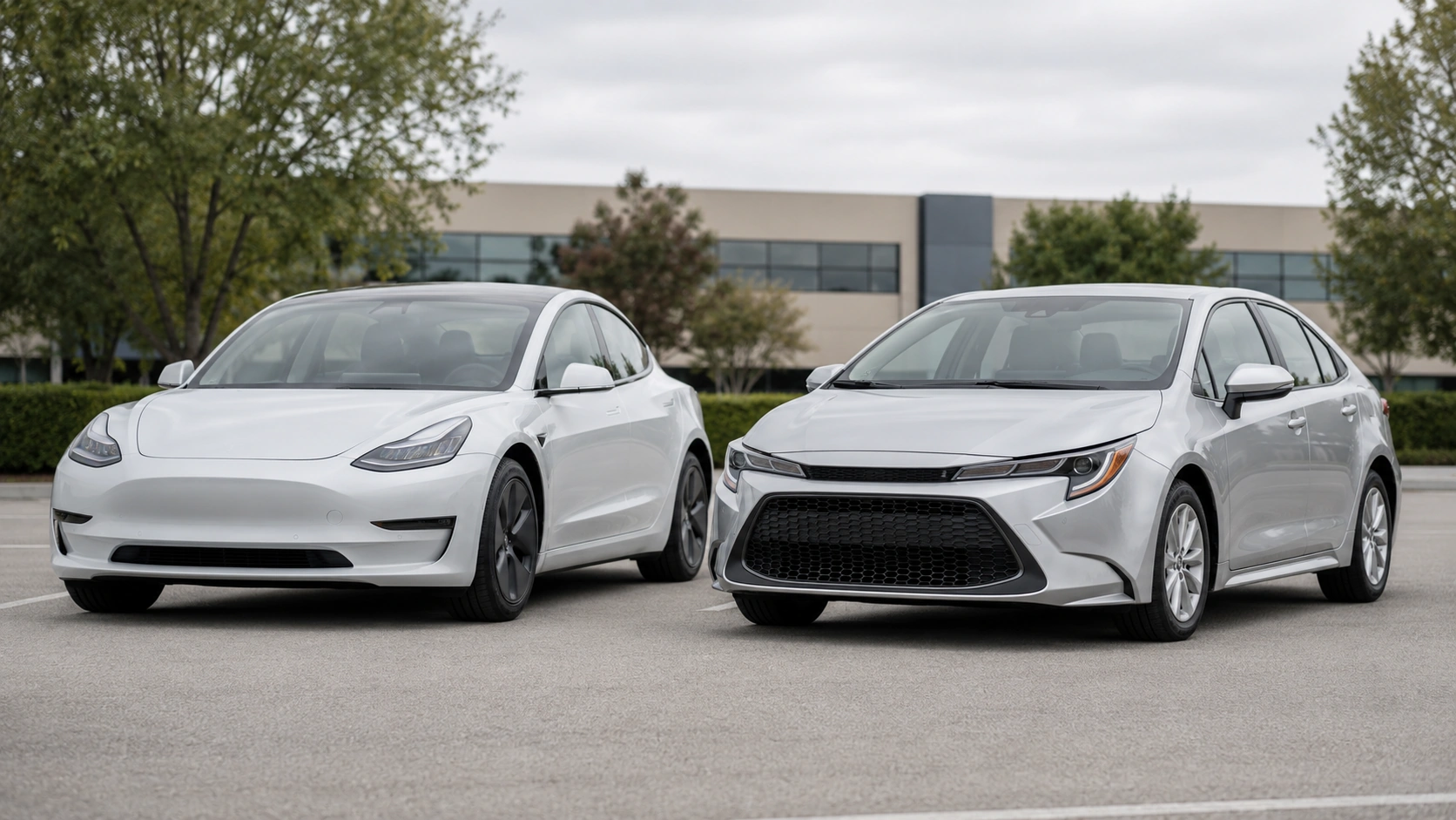 Tesla Model 3 électrique et Toyota Corolla hybride garées côte à côte, deux choix populaires pour l'activité VTC