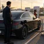 Chauffeur VTC devant une Mercedes EQE électrique en recharge sur une borne rapide près d’un aéroport