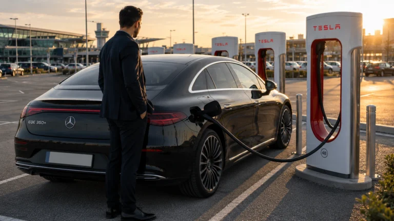 Chauffeur VTC devant une Mercedes EQE électrique en recharge sur une borne rapide près d’un aéroport
