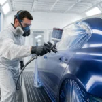 un peintre qui applique une peinture bleu SikkensCR sur une BMW