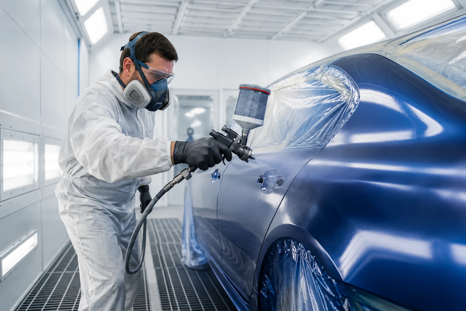 un peintre qui applique une peinture bleu SikkensCR sur une BMW
