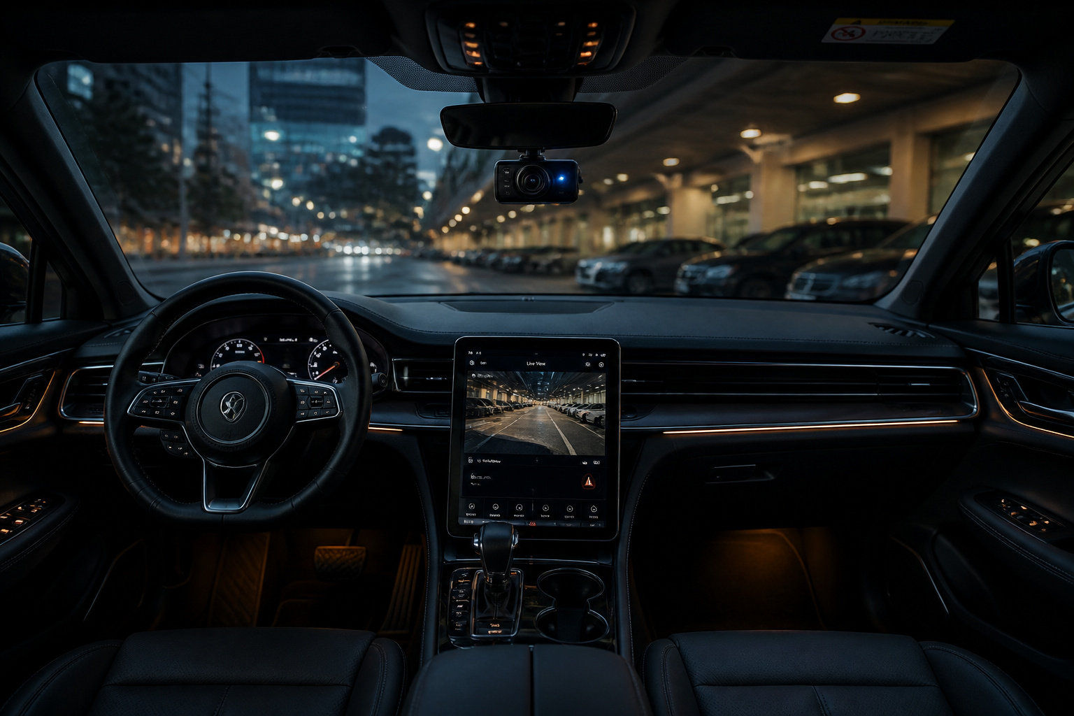 Interieur de voiture moderne avec dashcam et tablette