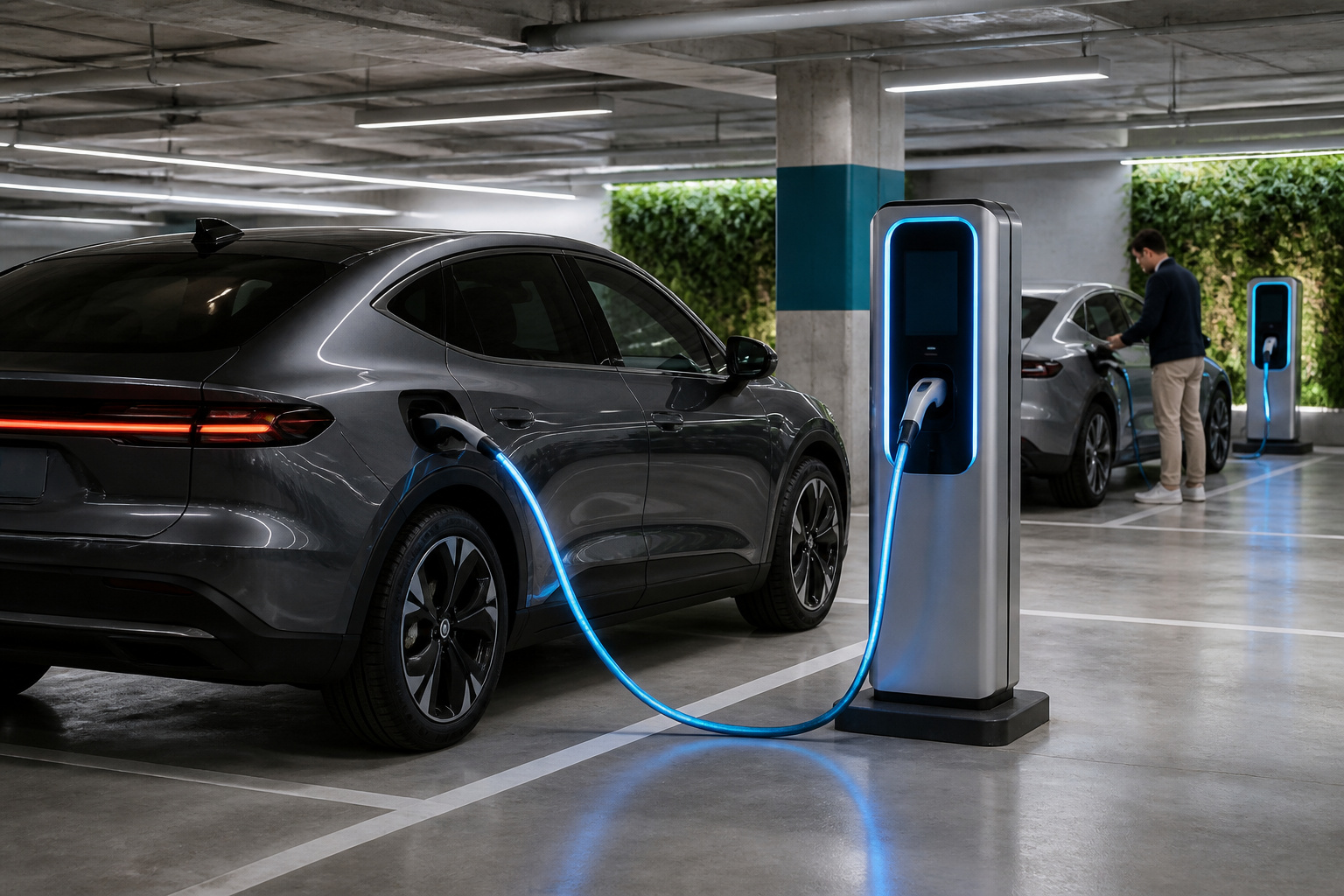 Recharge electrique dans un parking moderne