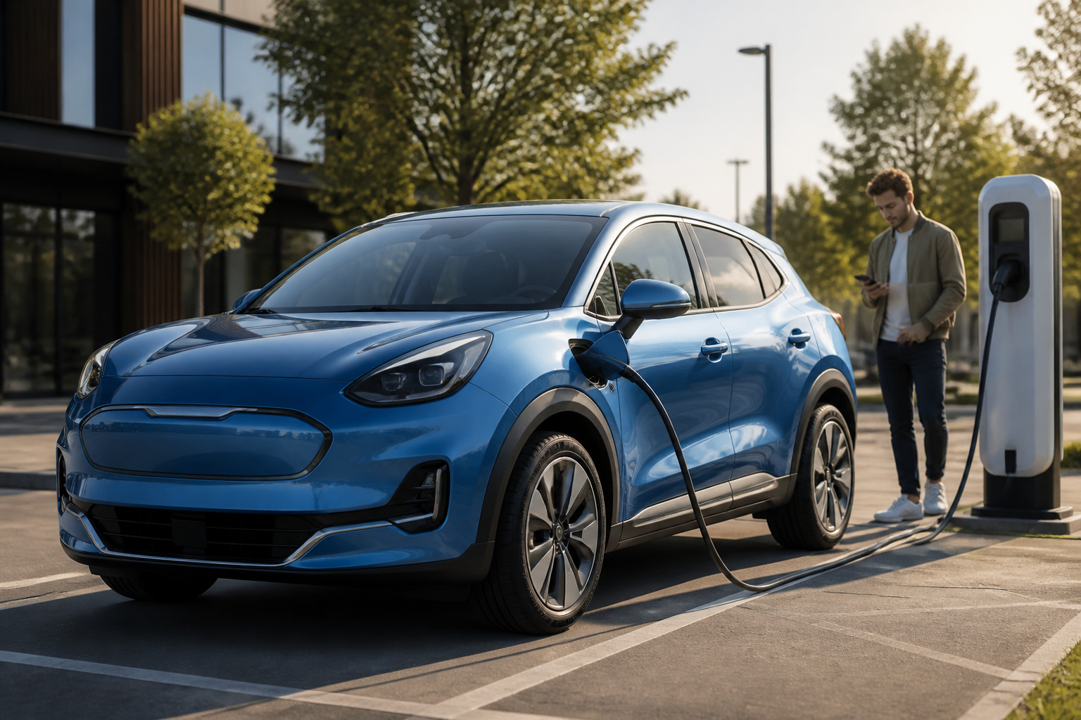 Suv bleu electrique en recharge