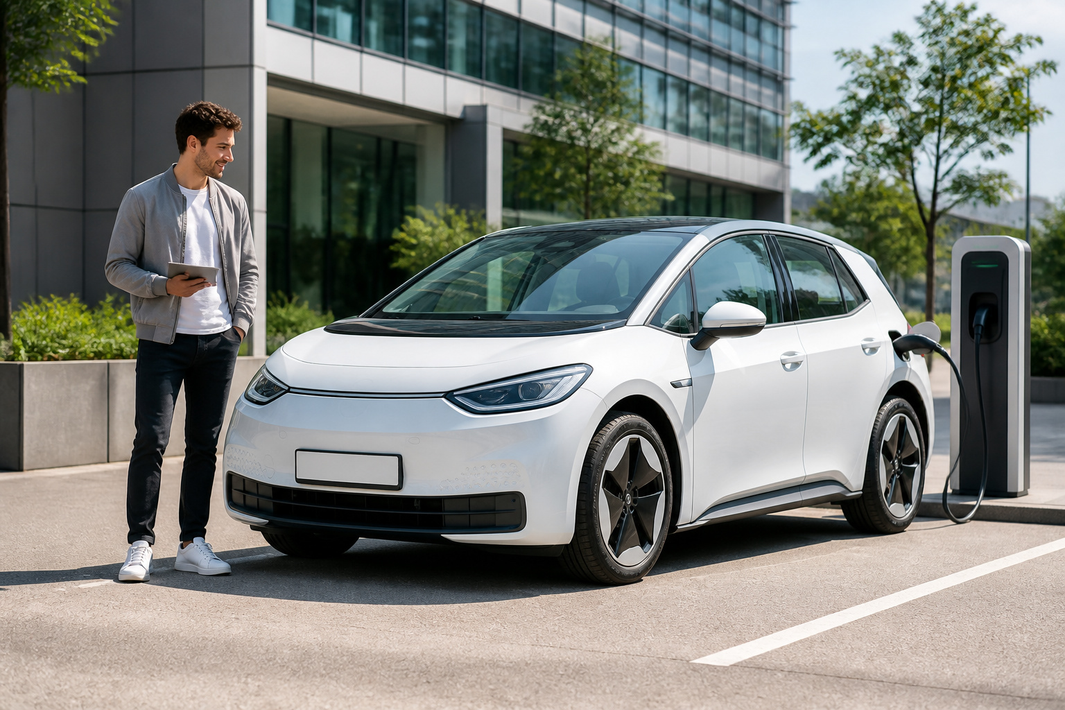 Voiture electrique moderne en charge