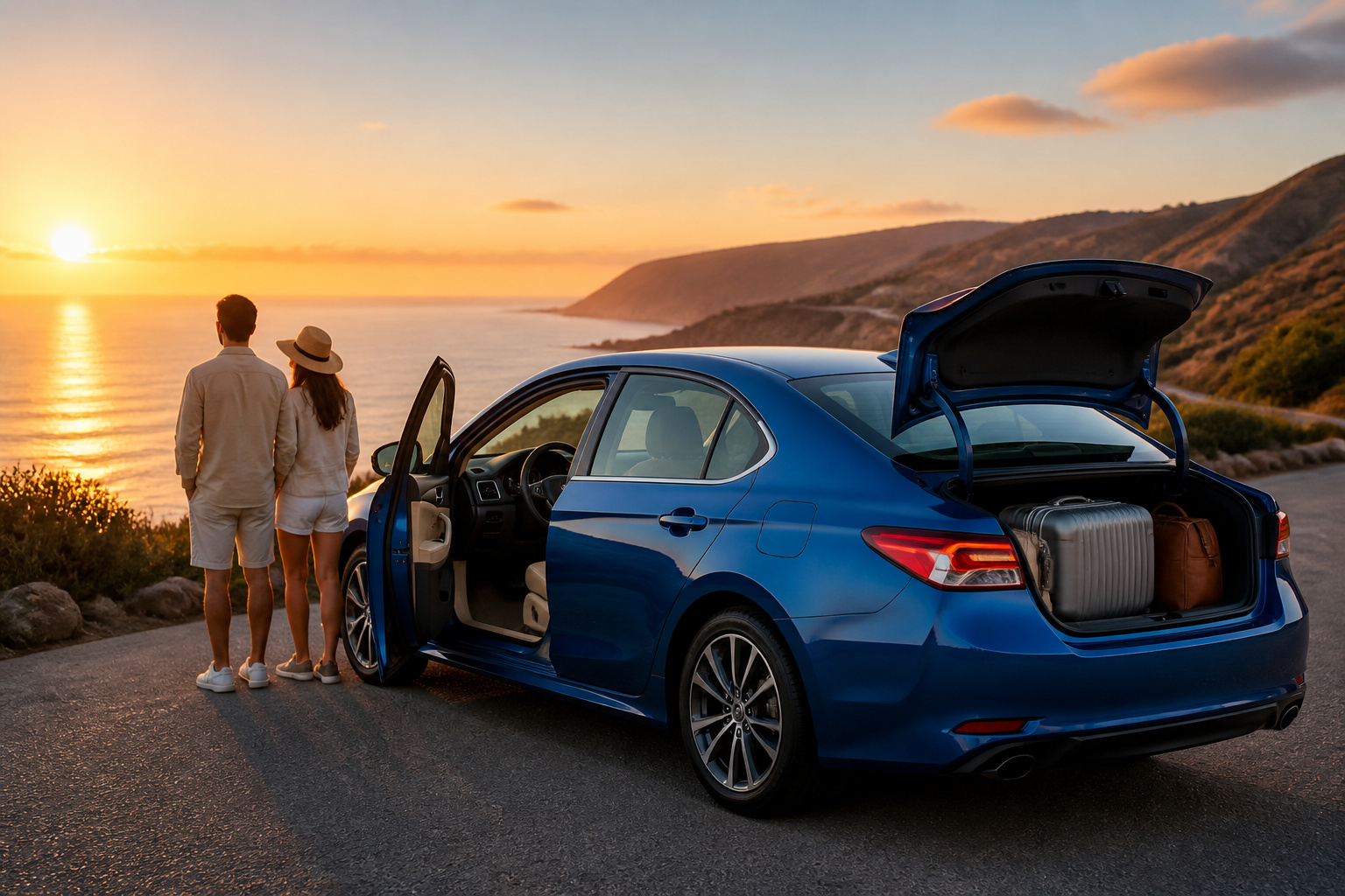 Voyage bleu sur la cote au coucher du soleil