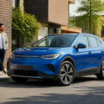 Suv electrique bleu dans un quartier moderne