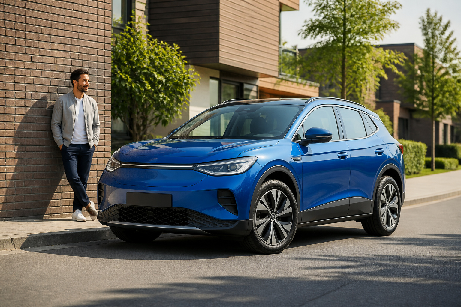 Suv electrique bleu dans un quartier moderne
