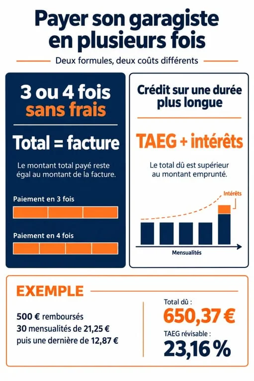 Infographie sur le garagiste paiement en plusieurs fois, avec différence entre paiement sans frais et crédit avec TAEG