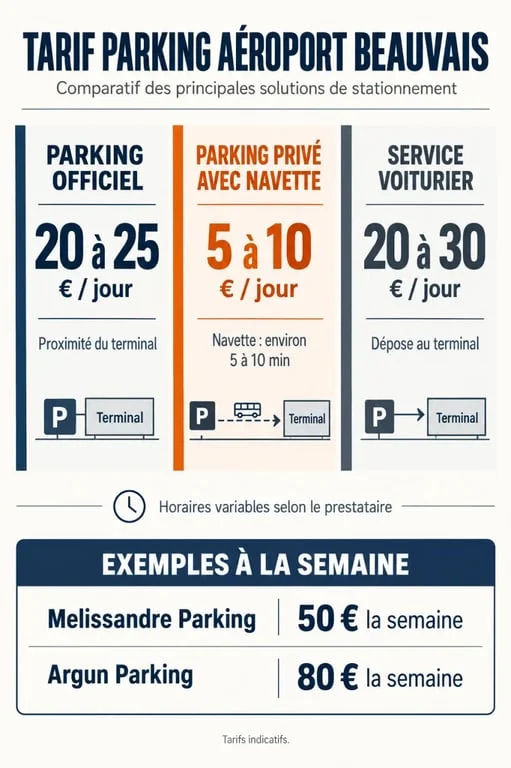 Infographie du tarif parking aeroport beauvais selon le type de stationnement et la durée