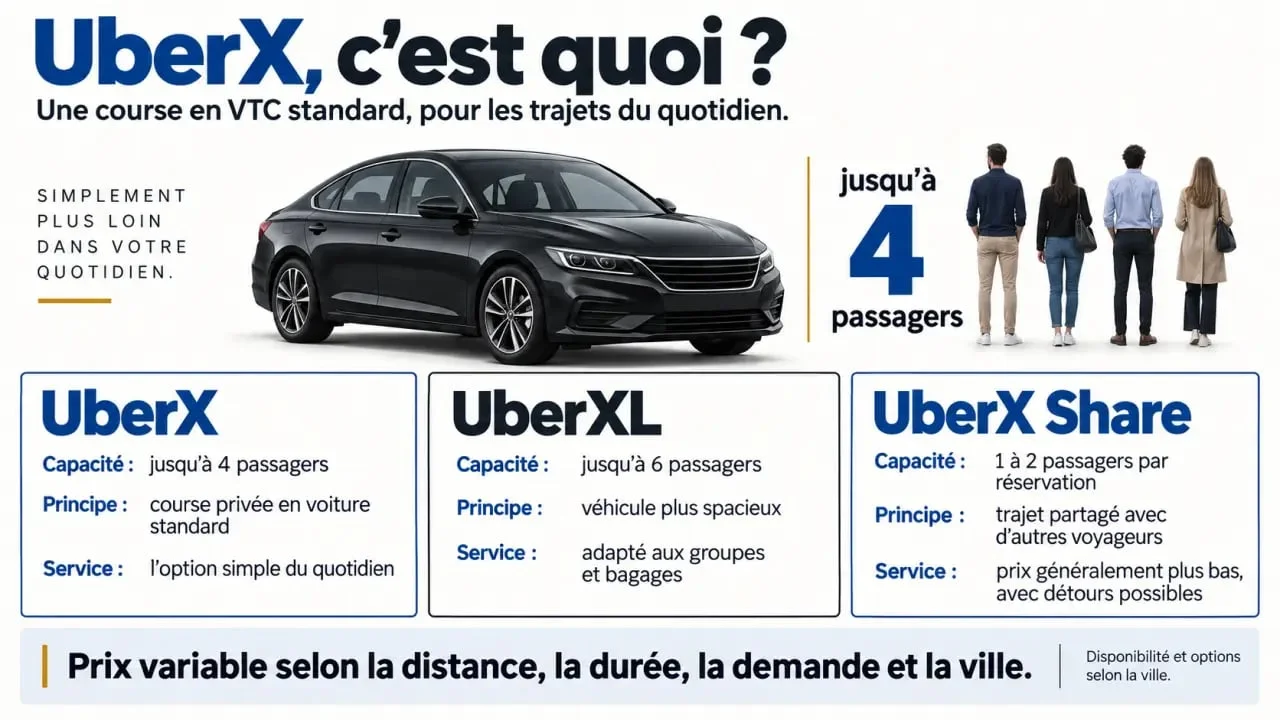UberX c'est quoi : schéma comparatif des catégories Uber et de la capacité jusqu'à quatre passagers