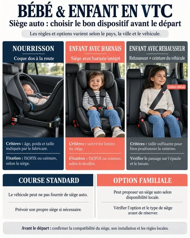 Infographie Uber siège auto : choisir un dispositif adapté à l’âge, au poids et à la taille de l’enfant