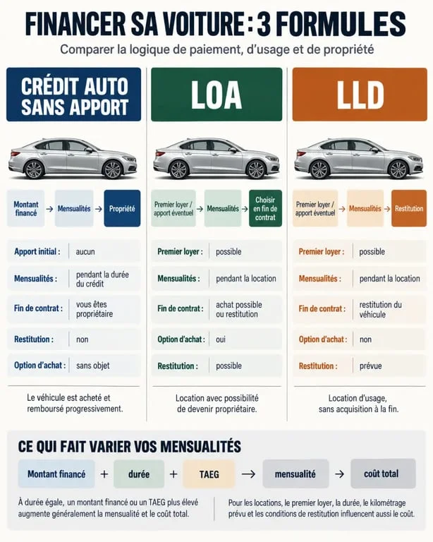 Infographie sur le crédit auto sans apport, la LOA et la LLD