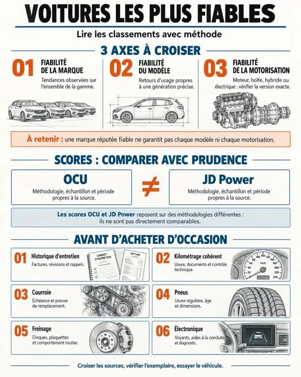 Infographie comparative des voitures les plus fiables et des contrôles à effectuer avant l’achat d’une voiture d’occasion