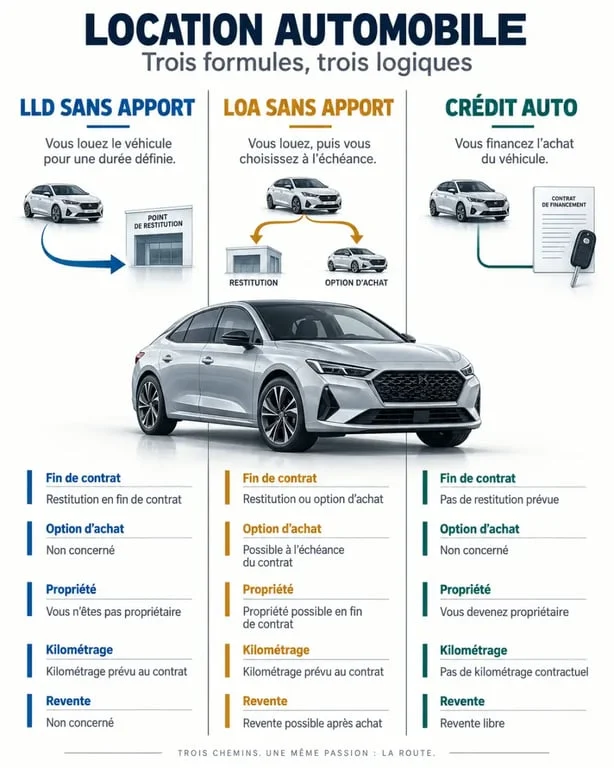 Infographie comparative sur les voitures en LLD sans apport, la LOA et le crédit auto