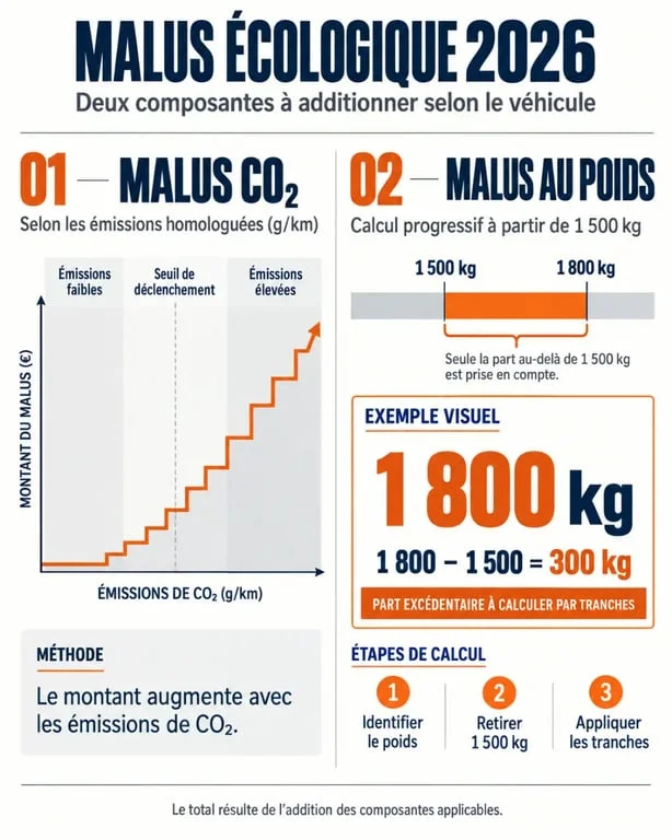 Infographie du calcul du malus écologique 2026 selon les émissions de CO₂ et le poids du véhicule