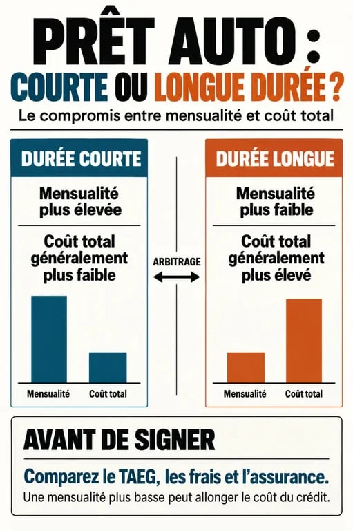 Infographie sur le taux pour prêt auto, la durée, la mensualité et le coût total