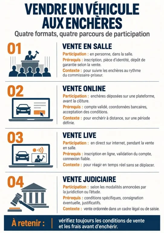 Infographie sur la vente au enchères véhicule en salle, online, live et judiciaire