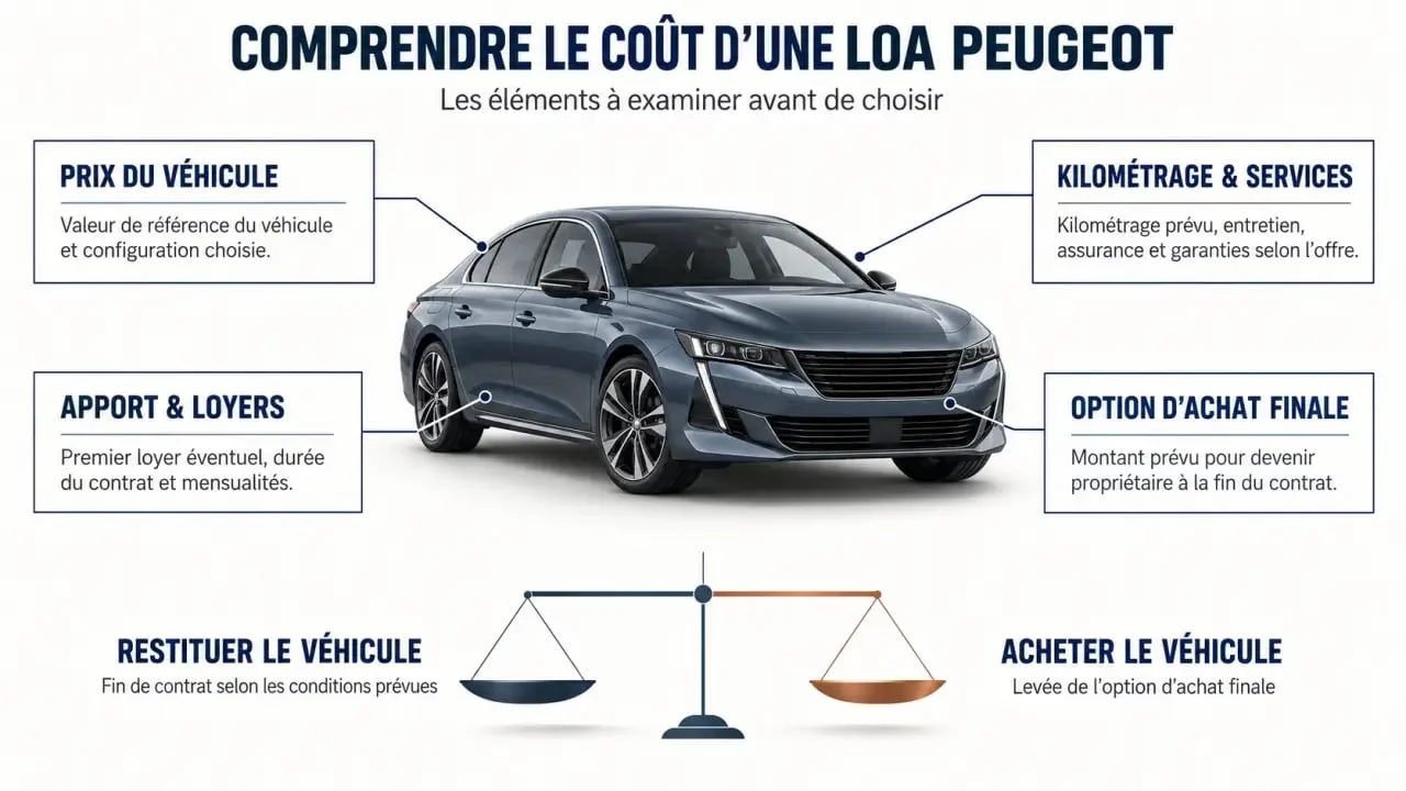 Infographie expliquant le coût d'un simulateur LOA Peugeot et l'option d'achat finale