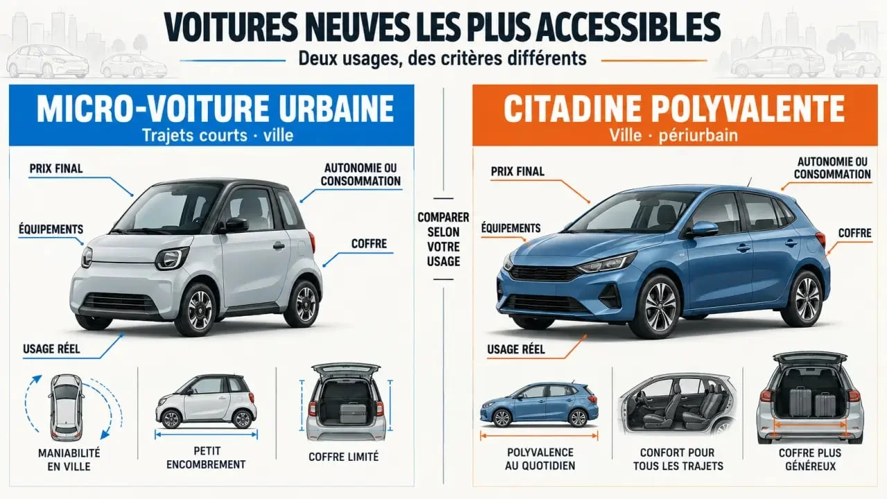 Voitures neuves les moins chères : différence entre micro-voiture urbaine et citadine polyvalente