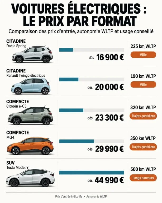 Infographie sur le prix d'une voiture électrique selon le modèle, l'autonomie et l'usage