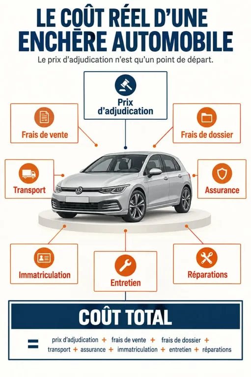 Infographie sur le coût total d’une enchère automobile et les frais à prévoir